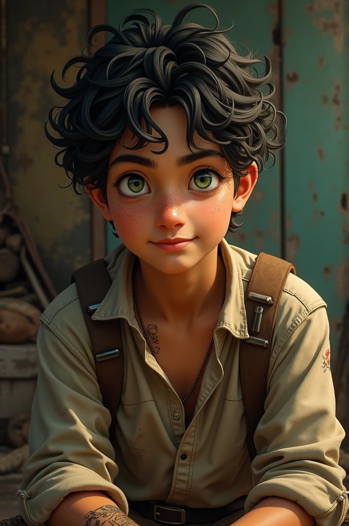 a young man with black curly hair he has dark green eyes like moss one with freckles on his nose and a smile on his face burning and cozy a simple outfit thrown into rags he doesn't have many muscles but he has a well-defined body with a height of 1,69 with scars on his fists