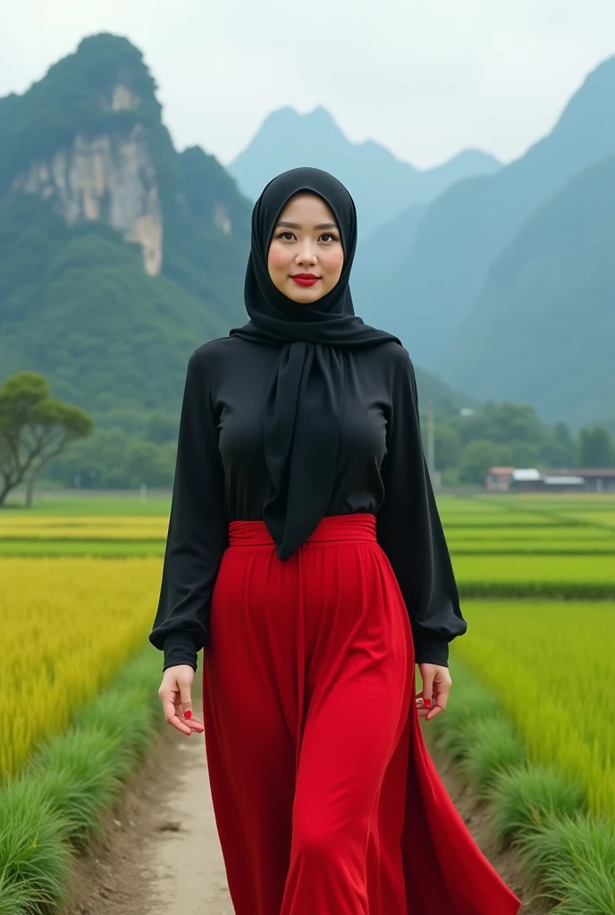 (A realistic image of.2) A beautiful Asian woman wearing an Islamic headscarf and a long-sleeved black shirt, a red skirt, and black shoes. She has a voluptuous bust and super large breasts. She's striking a funny pose with her legs as she walks along a path through rice paddies. There's a large mountain in the background. She has a subtle smile, thick eyebrows, thin lips, and pink lipstick. Her eyes are yellow.