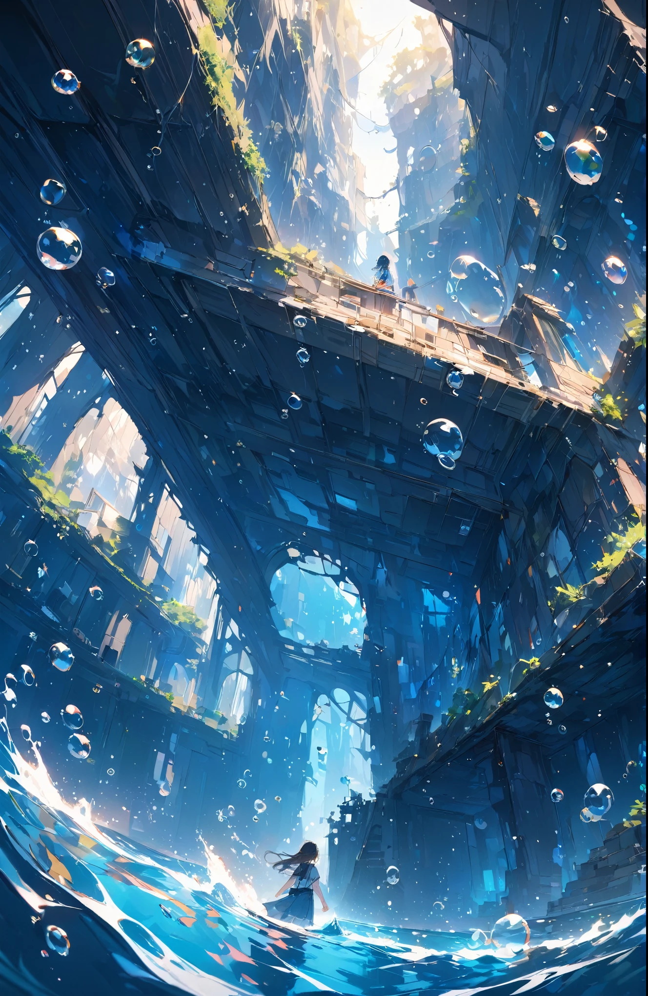 ((Amazingly absurd)),超High resolution, Attention to detail, high quality, High resolution, 最high quality, 4K, 8k、A sunken ruin、Girl in the water、Surrounded by bubbles、A world of deep blue、Overall, a work in deep blue tones