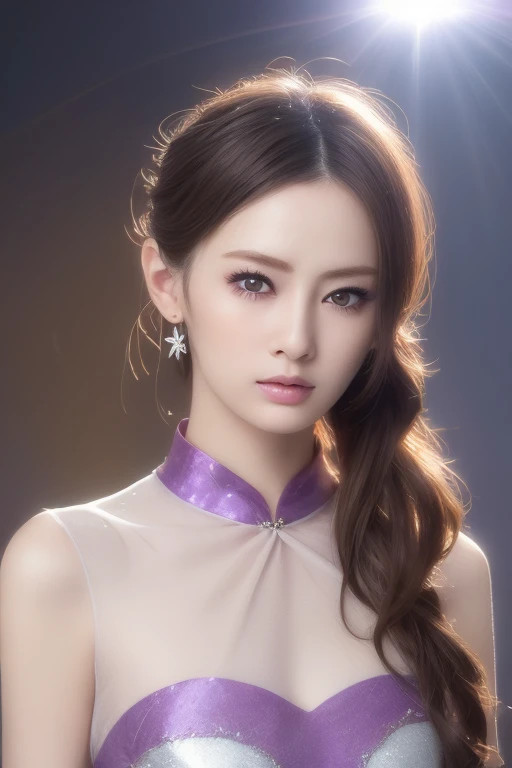 1 beautiful girl in Han costume, thin purple silk shirt with white color with many textures, white lace top, long platinum purple ponytail, Hair Jewelry, ear jewelry, necklace and necklace, meticulously drawn large purple eyes, meticulous makeup, Thin eyebrows, High Nose, lovely red lips, not smiling, pursed lips, rosy cheeks, wide breasts, Big breasts , well-proportioned bust, Slim waist, purple mesh socks, chinese hanfu style, fictitious art textures, vivid and realistic colors, RAW Photos, Realistic Photos, ultra high quality 8k surreal photos, (effective fantasy light effect: 1.8), 10x pixel, magical effect (Background): 1.8), ultradetailed eyes, girl body portrait, ancient hanfu background,Gal Makeup、cheek、With open arms