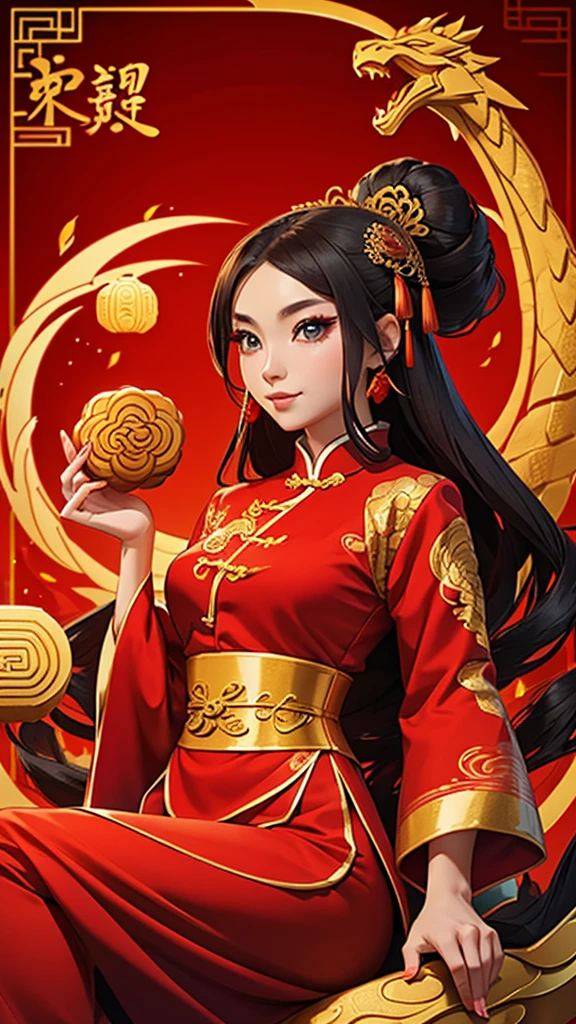 

A beautiful charming Chinese woman in traditional red attire sitting in front of a golden dragon background, with elements related to mooncakes and an advertisement for a discount on products.


