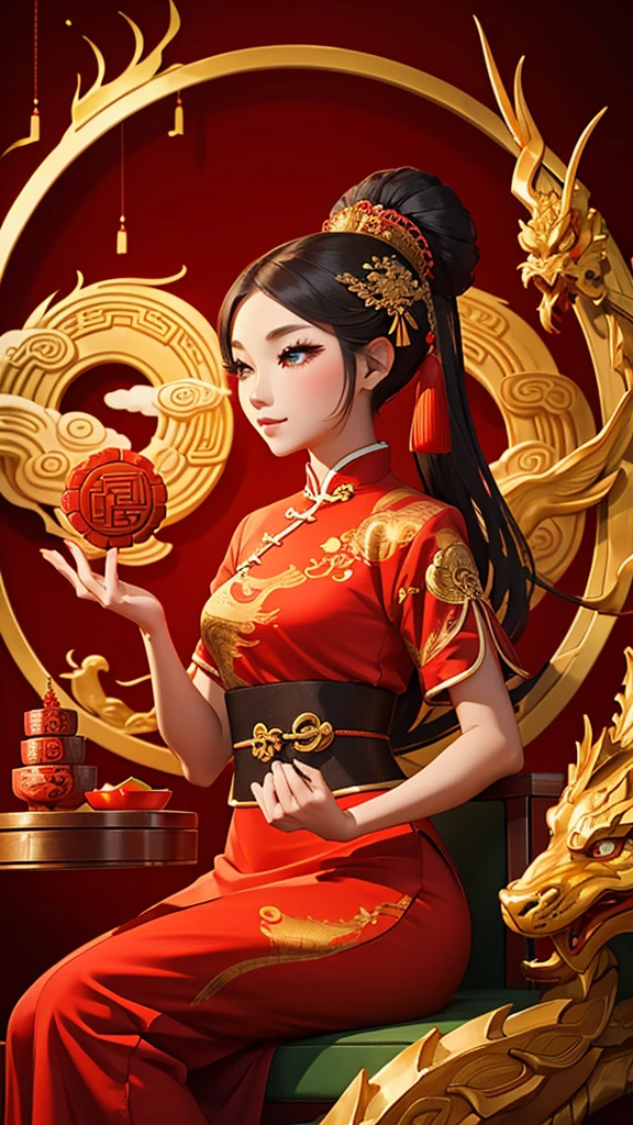 A beautiful charming Chinese woman in traditional red attire sitting in front of a golden dragon background, with elements related to mooncakes and an advertisement for a discount on products.
