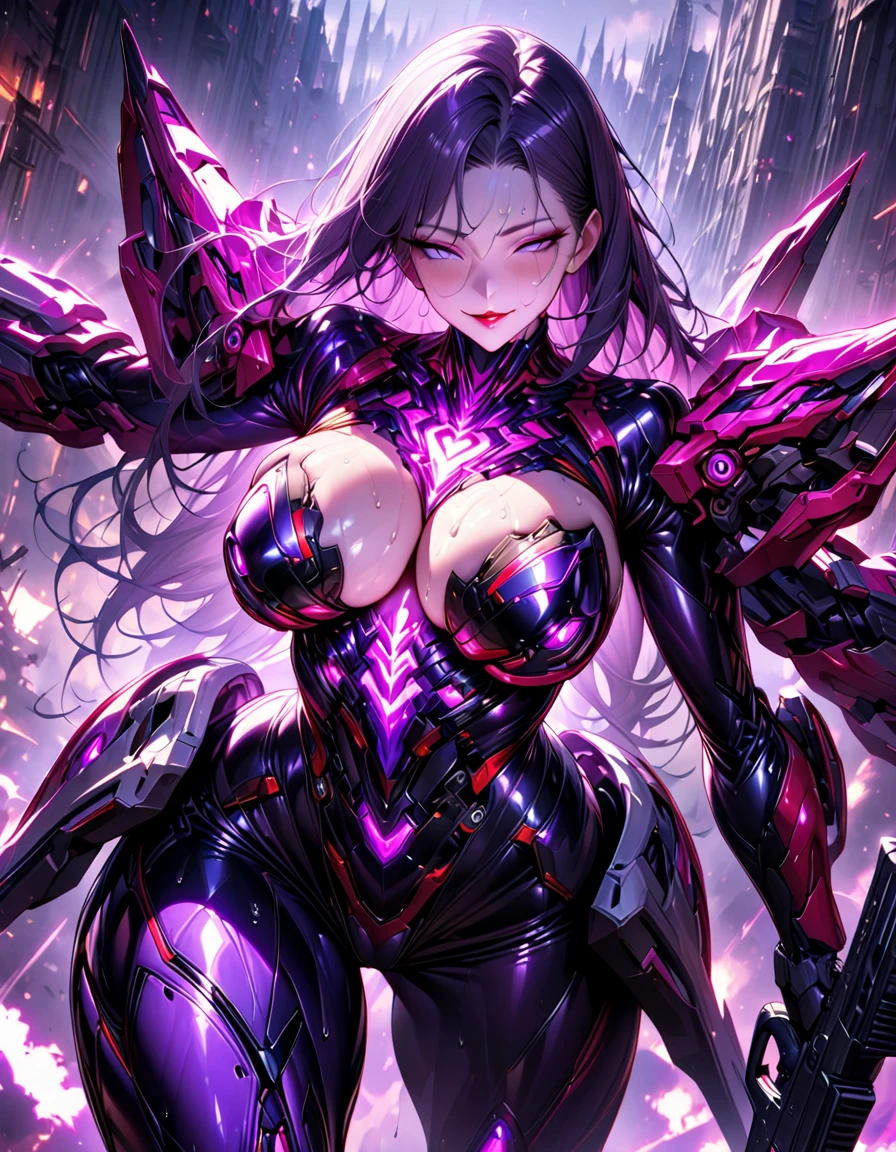 A young and beautiful person,(Highest quality,Extremely detailed depiction,Incredibly absurd high resolution,Anatomically accurate depiction,Curvy Legs),(Glowing Skin),(Futuristic body suit:1.3,Futuristic exoskeleton,Huge assault rifle:1.3),eyelash,(Luminous purple eyes,Half-closed eyes:1.3,There is cleavage in the chest,Wicked Smile,Glossy Red Lips,Sweat,A stance with an assault rifle:1.3),whole body,(background:In town),