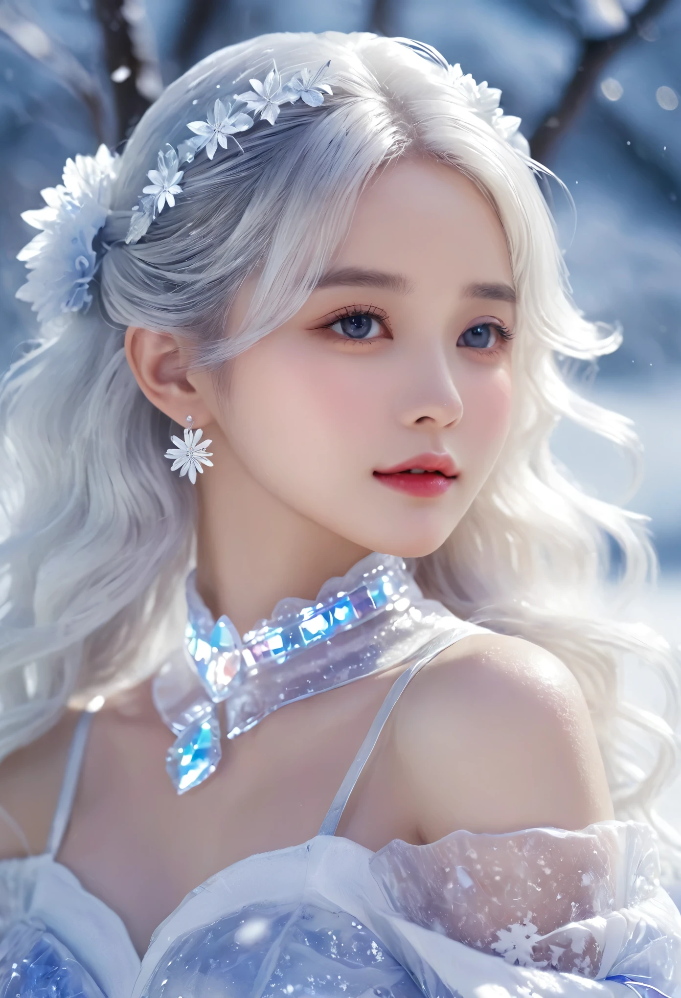 1girl,(Snow,Ice),snowflower,In winter,White hair,Shiny hair,Wavy hair,Transparent clothes,frilld,Lace,Wet clothes,Off_Shoulder,hair scrunchie,Masterpiece,Telephoto lens,absurderes,Exquisite facial features,