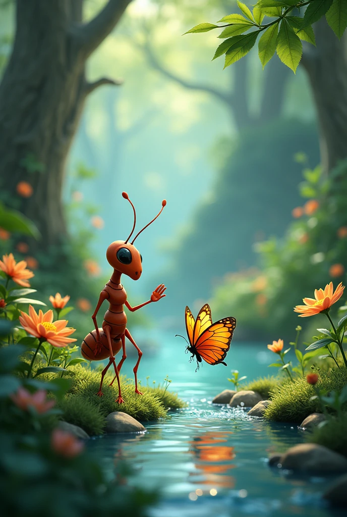 Ahira the ant called to the river and the caterpillar is now a 2D butterfly