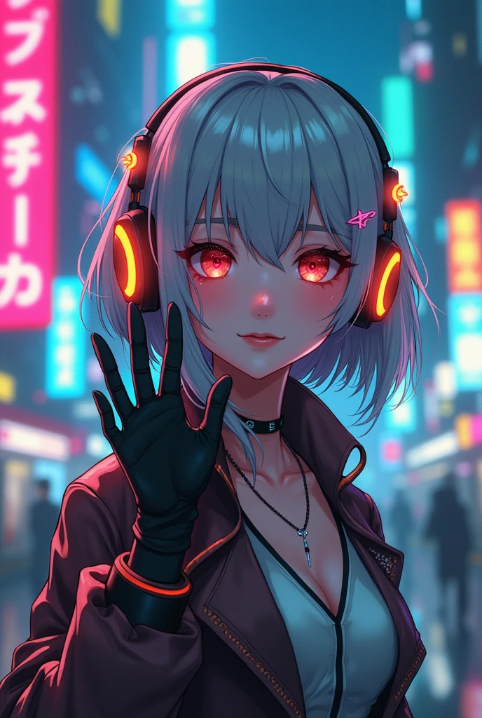Cyberpunk worldview。neon、a beautiful girl character。Your eyes are shining。Waving。smile。Futuristic Cyberpunk City Background。Shiny retro material。Cyber Accessories。Digital headset and gloves。Futuristic Building。Vintage Cyberpunk。4K,Silver Hair、freckles。anime、