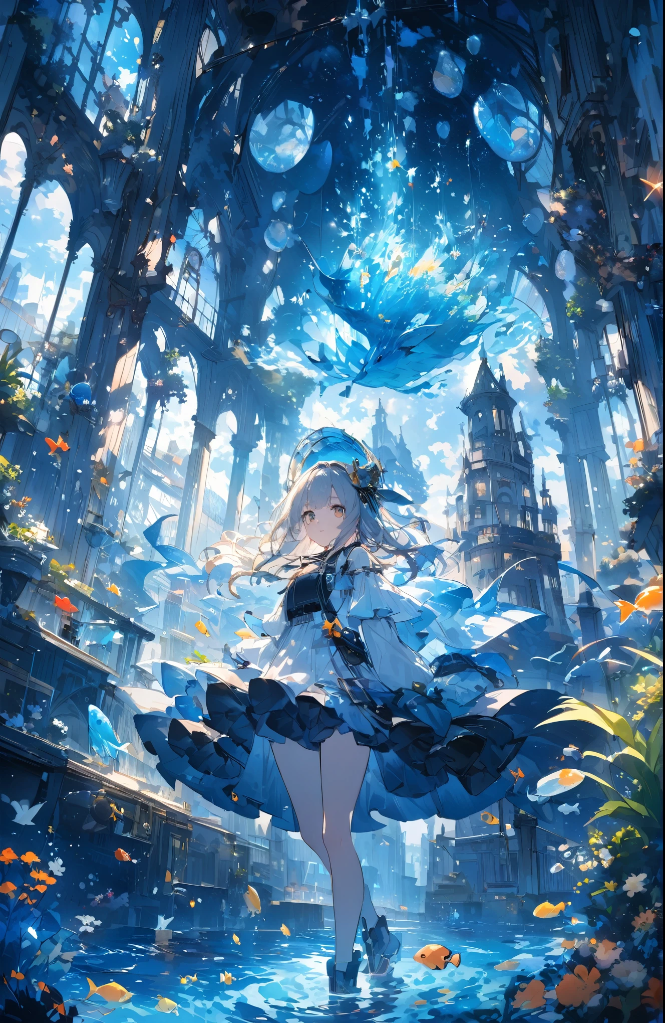 ((Amazingly absurd)),超High resolution, Attention to detail, high quality, High resolution, 最high quality, 4K, 8k、The protagonist is、a girl with the appearance of an ordinary human. The architecture of the ocean city、designs inspired by the forms of marine life. The girl is equipped with special breathing apparatus and underwater propulsion devices.、Explore the city freely. The city's architecture and facilities、Living things、everything exudes an otherworldly and fantastical atmosphere. The girl's expressions and movements are filled with curiosity、seems to be driven by a thirst for adventure. The play of light and water currents beneath the surface、meticulous attention to the depiction of aquatic life. Overall、Expressing a mysterious worldview that feels like a dream