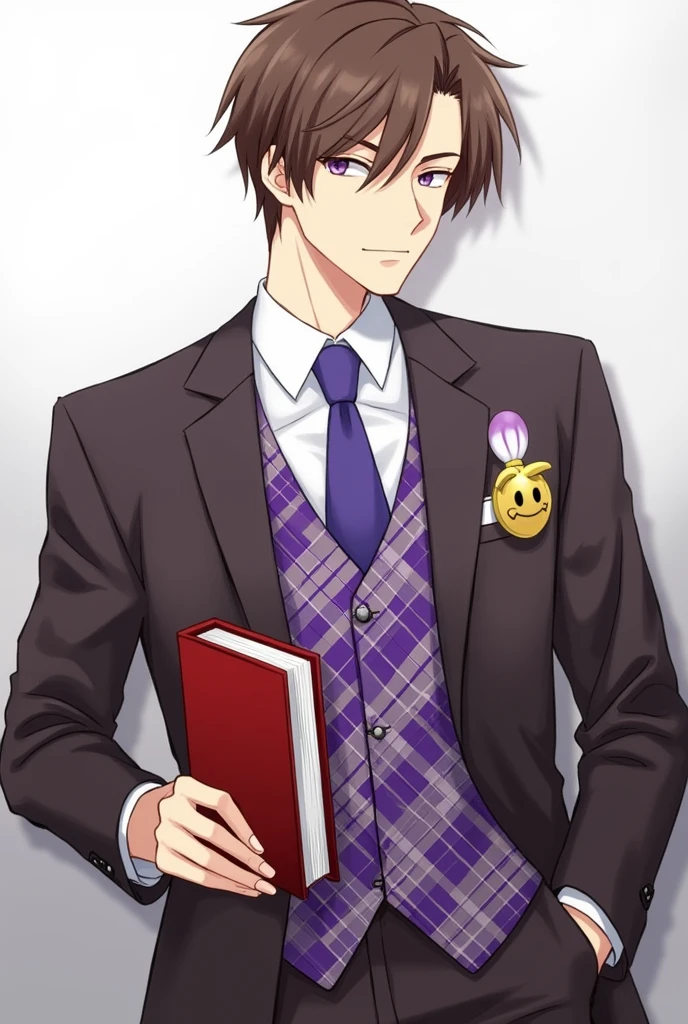 Brown-haired man。His short hair is very outward-swept, primarily to the right。He has a squinty but slightly upward-slanting gaze with amethyst-purple eyes。He is wearing a suit that gives off a stiff atmosphere。He is wearing a white dress shirt with a plain purple tie, over which he is wearing a purple waistcoat with a white and brown diagonal check pattern, over which he is wearing a jacket that is a shade between black and purple, with purple buttons.。His trousers are made of stiff fabric in a color that is somewhere between black and purple。He has a gold metal pin badge with a smiling face on his left breast pocket, with a soft, animal-like tail that has a white to purple gradient。The shoes are gentleman's light brown loafers。His jacket is open, revealing a waistcoat。He is holding a red book。