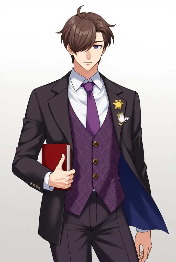 Brown-haired man。His short hair is very outward-swept, primarily to the right。He has a squinty but slightly upward-slanting gaze with amethyst-purple eyes。He is wearing a suit that gives off a stiff atmosphere。He is wearing a white dress shirt with a plain purple tie, over which he is wearing a purple waistcoat with a white and brown diagonal check pattern, over which he is wearing a jacket that is a shade between black and purple, with purple buttons.。His trousers are made of stiff fabric in a color that is somewhere between black and purple。He has a gold metal pin badge with a smiling face on his left breast pocket, with a soft, animal-like tail that has a white to purple gradient。The shoes are gentleman's light brown loafers。His jacket is open, revealing a waistcoat。He is holding a red book。