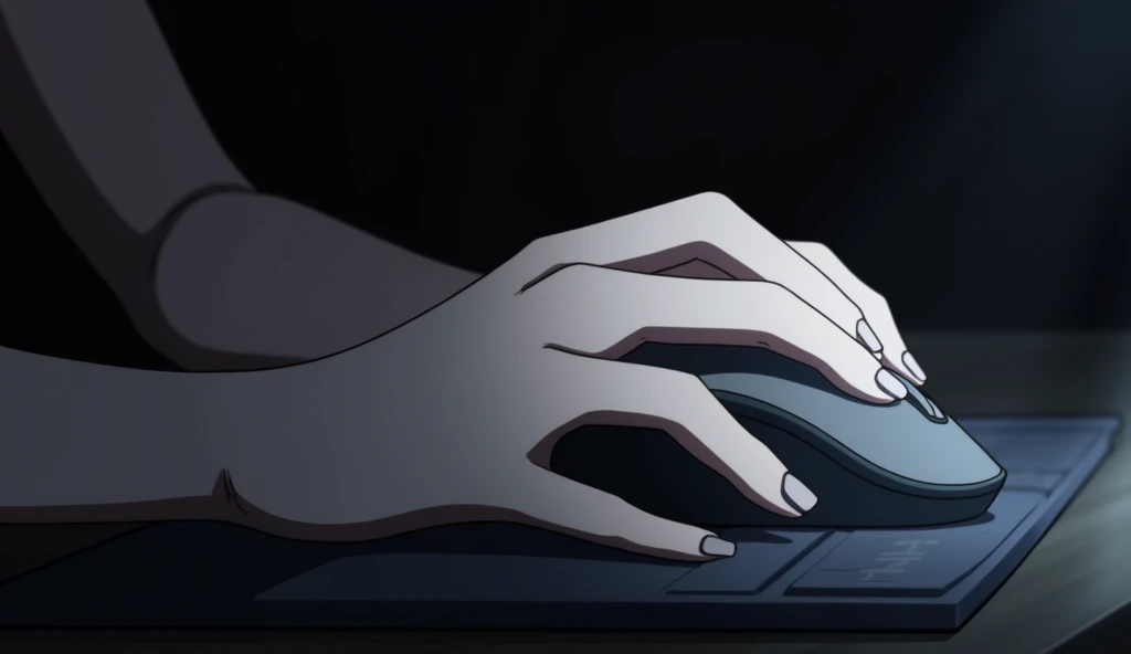 Close-up of a hand operating a mouse,Girl's hands,White skin,No sleeves,Pale white light,Dark Room,Anime Style,animation,Japanese anime,High resolution, 