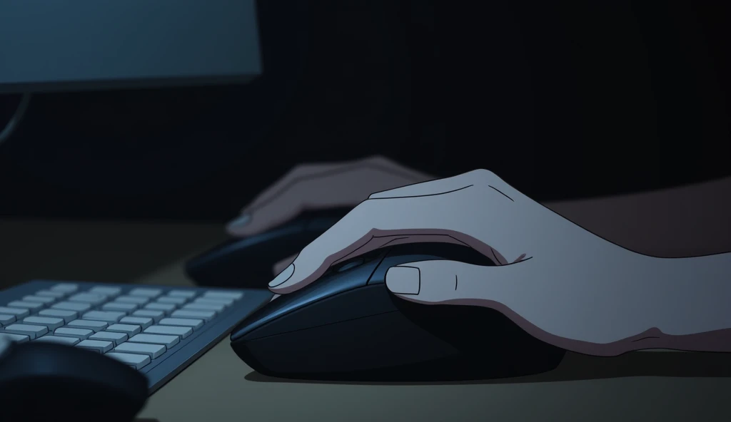 Close-up of a hand operating a mouse,Girl's hands,White skin,No sleeves,Pale white light,Dark Room,Anime Style,animation,Japanese anime,High resolution,