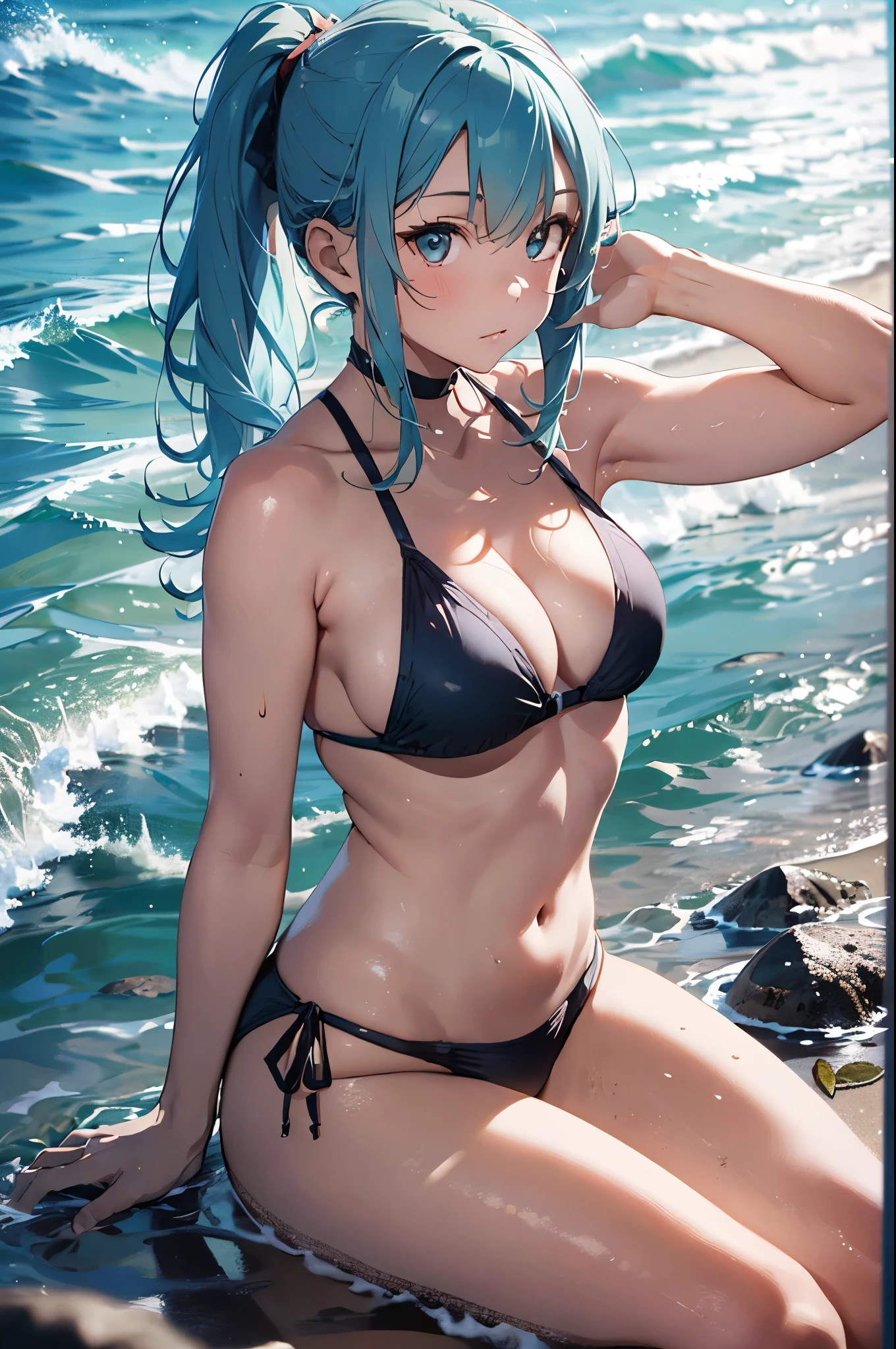 High resolution,topless、
One beautiful young woman,Light blue hair、ponytail、
(Soft Saturation:1.3), (Fair skin:1.2),
(ultra-Detailed Background, Detailed Background), Bokeh,
break'Smiling portrait.,
When viewed from the front, The composition is symmetrical,
Looking straight at you with serious eyes,
break Swimwear, Red Bikini, Center of chest,
Outdoor, Sea surface, null, sunlight,Summer beach, Sandy Beach,
Strong light, Front lighting,
(:1.3), (Cowboy Shot:1.2),
Front brake angle,
View your audience,
Dynamic pose,
sitting on the beach
Seaweed、Seaweed、Seaweed、Seaweed、Seaweed、Seaweed、Seaweed、