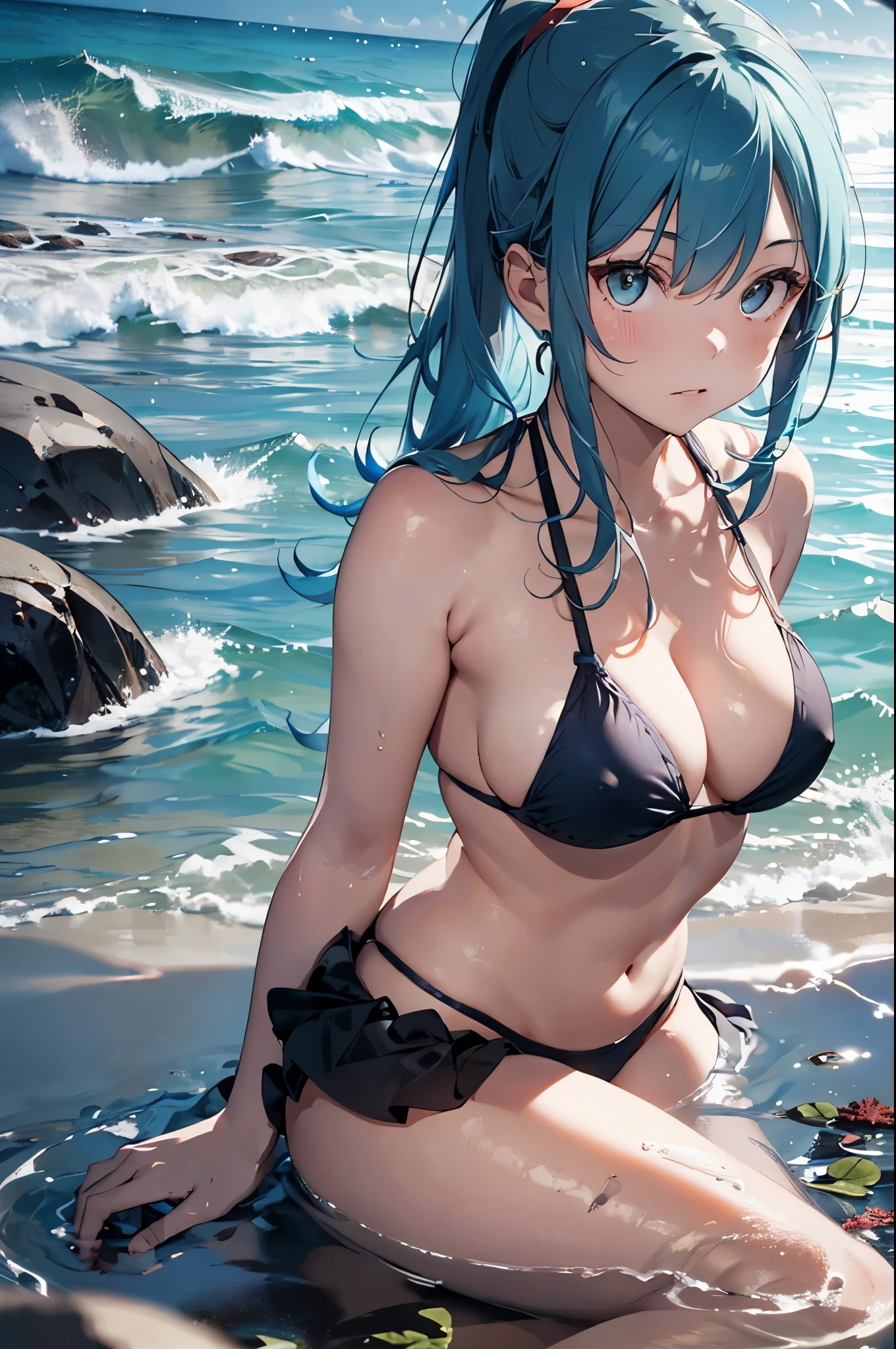 High resolution,topless、
One beautiful young woman,Light blue hair、ponytail、
(Soft Saturation:1.3), (Fair skin:1.2),
(ultra-Detailed Background, Detailed Background), Bokeh,
break'Smiling portrait.,
When viewed from the front, The composition is symmetrical,
Looking straight at you with serious eyes,
break Swimwear, Red Bikini, Center of chest,
Outdoor, Sea surface, null, sunlight,Summer beach, Sandy Beach,
Strong light, Front lighting,
(:1.3), (Cowboy Shot:1.2),
Front brake angle,
View your audience,
Dynamic pose,
sitting on the beach
Seaweed、Seaweed、Seaweed、Seaweed、Seaweed、Seaweed、Seaweed、