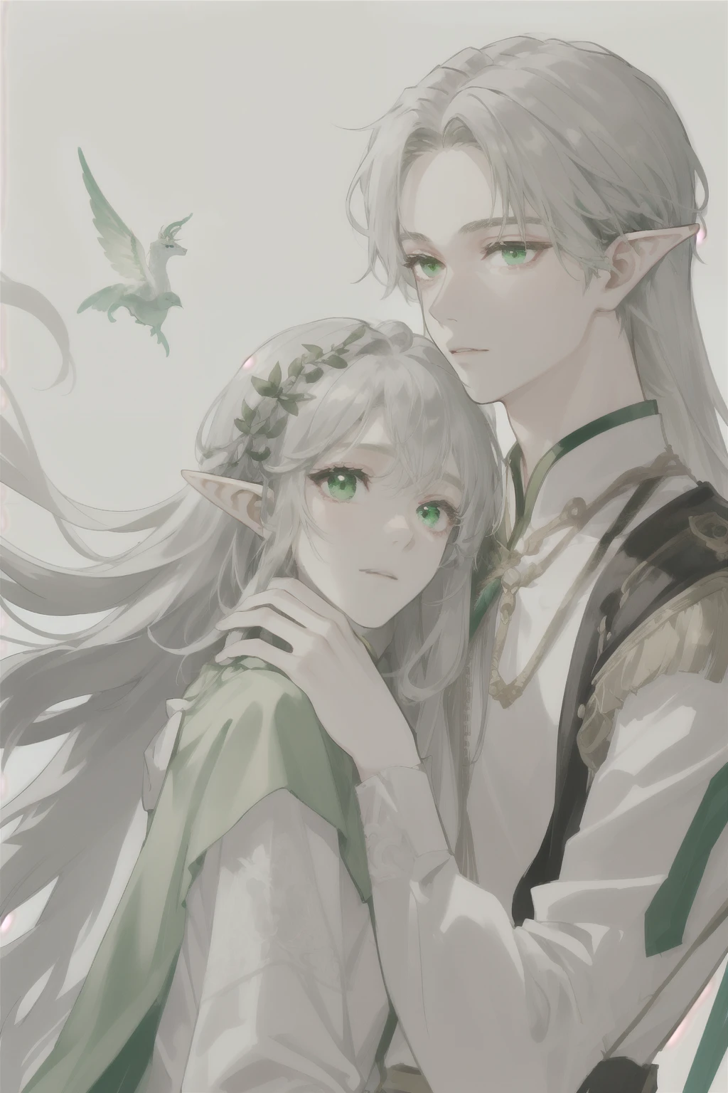(masterpiece),male,Elves,individual,Deep but clear eyes,Light green eyes,White skin,Silver long hair,Straight Hair,Wearing hair,非常Simple深绿色长袍,Gentle but calm,simple,Simple,Noble and elegant temperament
