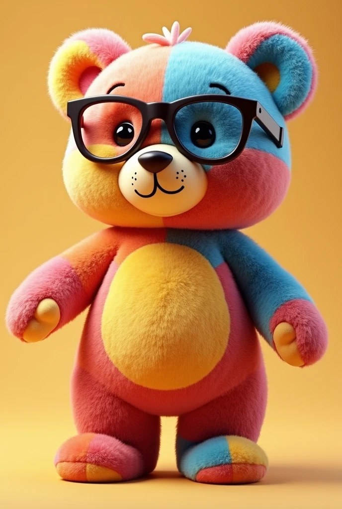 CREATE A 3D TEDDY BEAR MASCOT FOR THE MOBILE TOY LIBRARY, IT NEEDS TO BE COLORFUL AND WEAR GLASSES