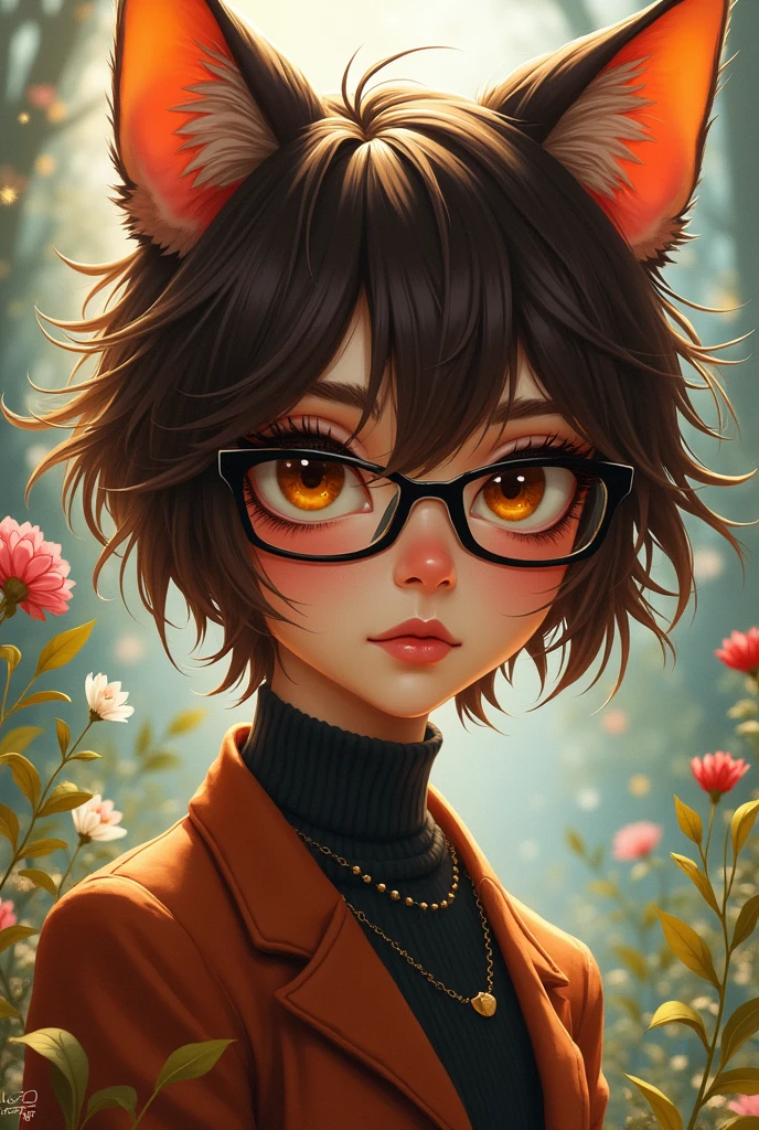 cat girl short brown hair and body brown skin have glasses