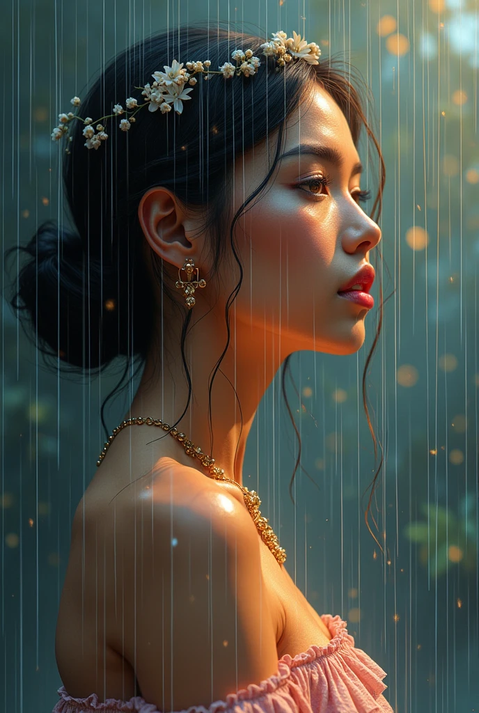 I am the rain that sees the most beautiful woman and touches her all over her body of different races, giving you hope and faith, and using only pastel colors , The message I want to give is that there is hope, we just need to look for it., Extremely realistic style, unique and detailed piece of 24k uses the triangles of the composition details of all her body details in her hands lighting of hope and nostalgia climate of humble colors