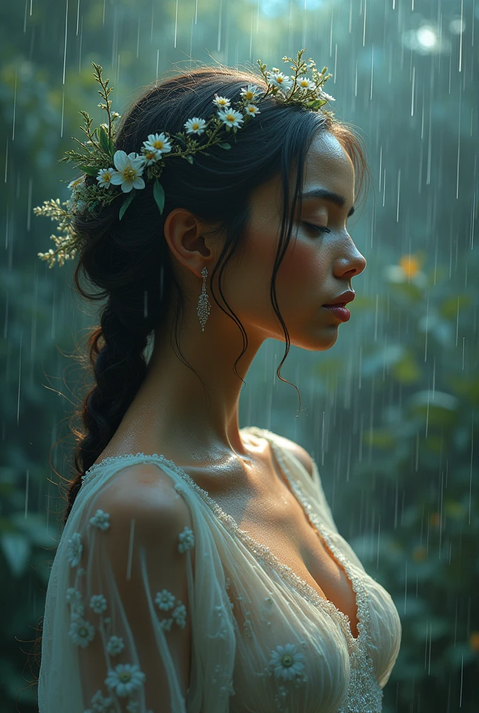 wet body, short wet hair girl, flowers on the head, wearing wet wedding dress, Transparent wet cloth, rainy background, 8k, high detailed body, high detailed face, sun shadow, movie lightning, 8k, RAW photo, best quality, masterpiece, high detail RAW color photo, dramatic lighting, cinematic lighting, back light, professional lighting, detailed face, full body, girl focusing