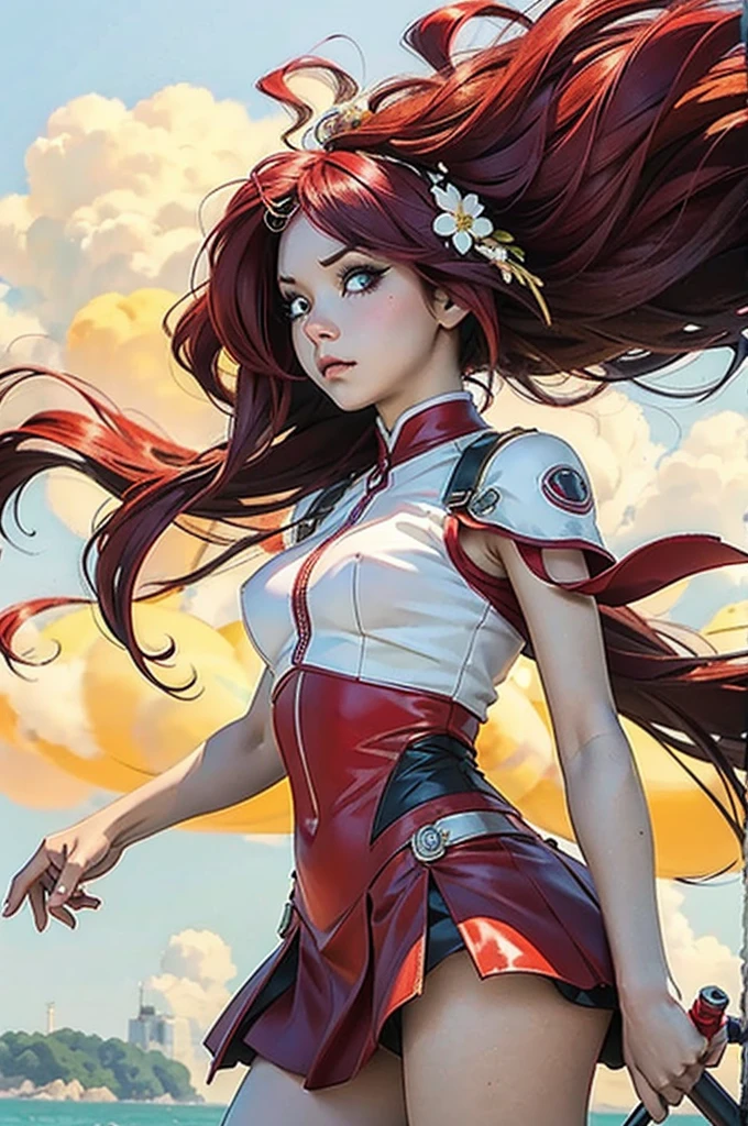 Highest quality, High range, Anime Style, Adult woman posing bravely, Sculptural body, model, Hair blowing in the wind