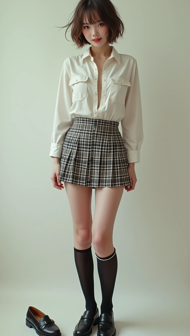 (((There is one girl:1.5)))，Gal，(((A tall high school girl with a model figure)))，Perfect proportions，(Standing facing this)，Full body photography，(wide thighs, Very long legs)，Fleshy，Mid-chest，(((Cleavage)))，Breast enlargement，swelling of the nipples，Unbutton your shirt，Loafer Asterpiece on the ground:1.3)，((8k, Photorealistic:1.4，Surreal，RAW Photos, highest quality: 1.4，Ultra high definition，Super detailed)), Beautiful Face，(Realistic face)，(Brown's shortcuts:1.3)，Short Hair，Disheveled Hair，Fluffy hair，Detailed eyes，Realistic beautiful skin，Golden Ratio，Super cute，Open your mouth a little，smile，High school girl in summer clothes，White shirt，Sweaty，Wetty，(Wet shirt)，See-through shirt，Light clothing，Surreal school girl，pleated micro mini skirt，Checkered micro mini skirt，Pleated miniskirt with tartan check，((I can see your panties！！))，pantyhose，(Black Stockings)，((Knee-high stockings))，loafers，Esbian all over，High school girl wearing JK uniform，Sexy pose，Anatomically accurate body，Precisely drawn fingers，