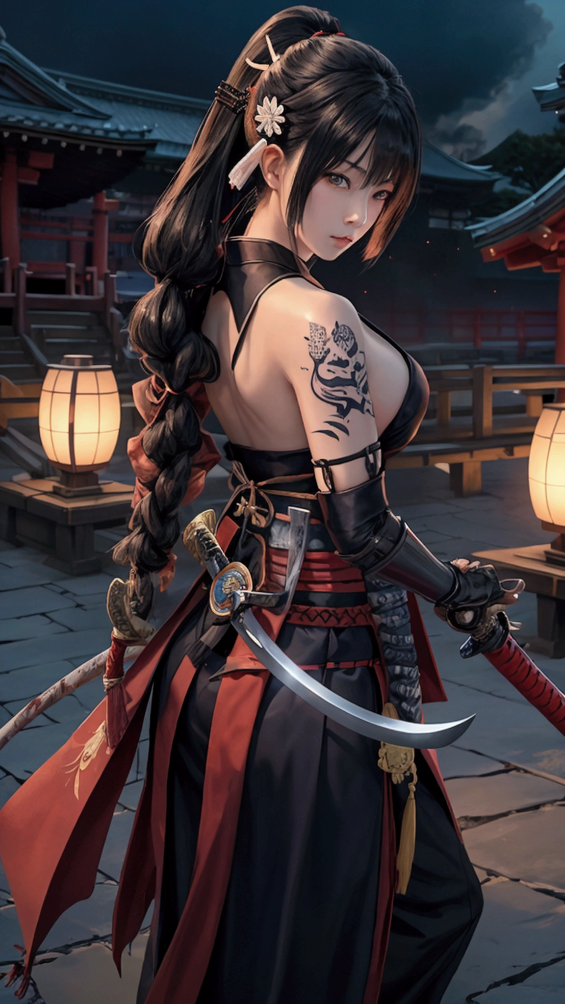 (Japanese sword &reference;Muramasa 2&reference;.2)Beautiful 27 year old woman、Japanese women、Tie your hair back、Hair ornament artist、Shinobi Costume、Warrior、Clear Eyes、{Arm tattoo(SakuraFubuki}&#39;Back Tattoo、Warrior、(Japanese swordを両手で構える、1.3)(Japanese sword1.2)Intermediate position、In front of the body、(Hold the sword horizontally 1.3)、whole body、Long Blade Sword、Realistic battle scenes、敵Warriorの返りBlood、Blood、High resolution、Highest quality、Very detailed、8k、background、The castle is burning、Sparks fly、