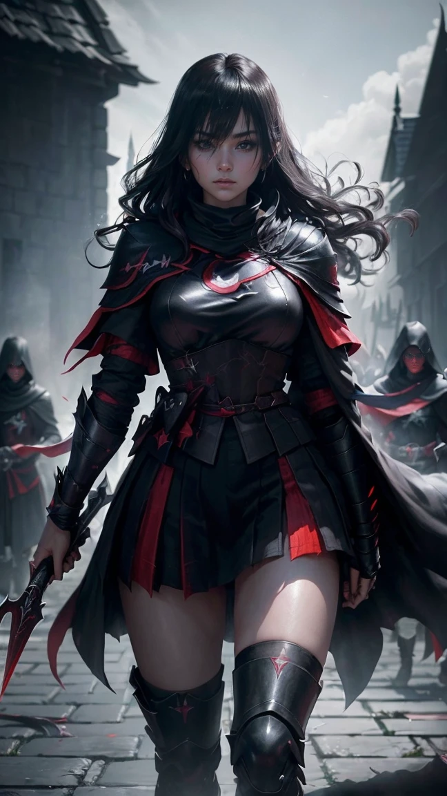 top quality、masterpiece、8 K、realistic、超a high resolution、very gentle and beautiful、a high resolution、Cinema Lighting、Portrait painting、ideal female body、Opposition、I look at the audience、((Dark Assassin from Another World、jet black armor、Sharp Blade、Combat Gauntlet on the Left Hand Made of 3 Long Blades、Cloak of Darkness、dark aura))、((Assassination Squad:1.4))、cold look、black magic、Evil Crest、Battle scars、Evil Ritual、Overcome the enemy、Ruthless Combat Techniques、heart, Controlled by the Power of Darkness、Endless Battle、Strategies in the Dark、Bearer of Despair、Dark Pact、Corrupted Knighthood、Coal-Black Steel、Otherworldly Kingdom、Symbol of Destruction。