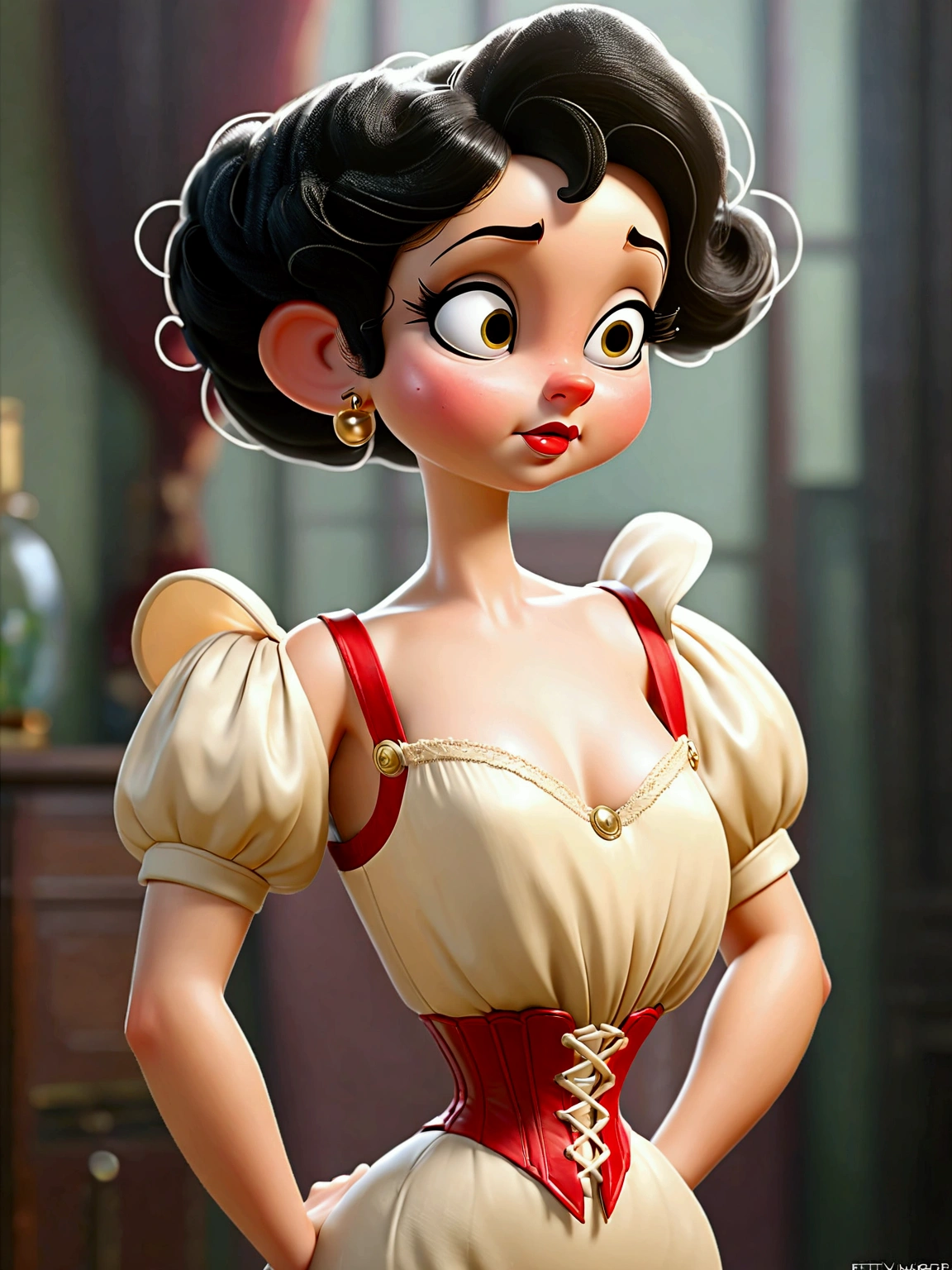 (masterpiece), (realistic), (((NSFW))). (ultra hd 8k), (realistic body proportions). Betty Boop as a **** teenage Gibson Girl wearing her Edwardian lingerie. Year 1906. Strapless bullet brassiere, strapless S-bend corset, high-waisted crotchless bloomers, silk stockings with garters at the tops, high-button boots. Long brunette updo. Large tits, 9-inch wasp waist, bubble butt. (((Bare arms. Full body))). Sexy pose. Before sexual tryst.