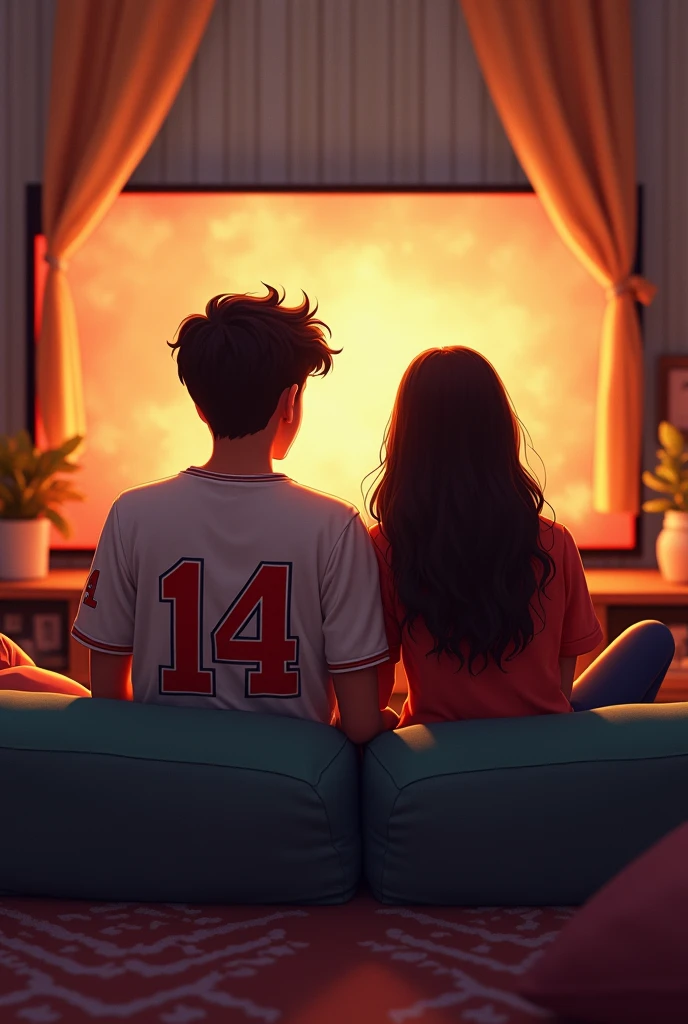 A couple watch television, the name is arefin and the girl name is Mithila. They are wearing a jersy which number is. 14
