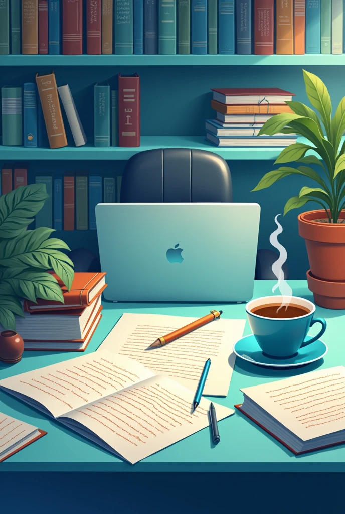 Create an illustration for a job posting for a copywriter using SeaArt neural network. The image should portray a creative and professional workspace with elements like a laptop, notepads, pens, and coffee cup, symbolizing creativity, productivity, and attention to detail. Incorporate subtle hints of writing, such as a stack of papers with text snippets or a bookshelf filled with dictionaries and style guides. Emphasize a modern and vibrant atmosphere to convey the dynamic nature of the copywriting profession. Use colors that inspire focus and inspiration, such as shades of blue and green. The composition should evoke a sense of professionalism, creativity, and passion for words, appealing to individuals seeking a stimulating and rewarding role as a copywriter.