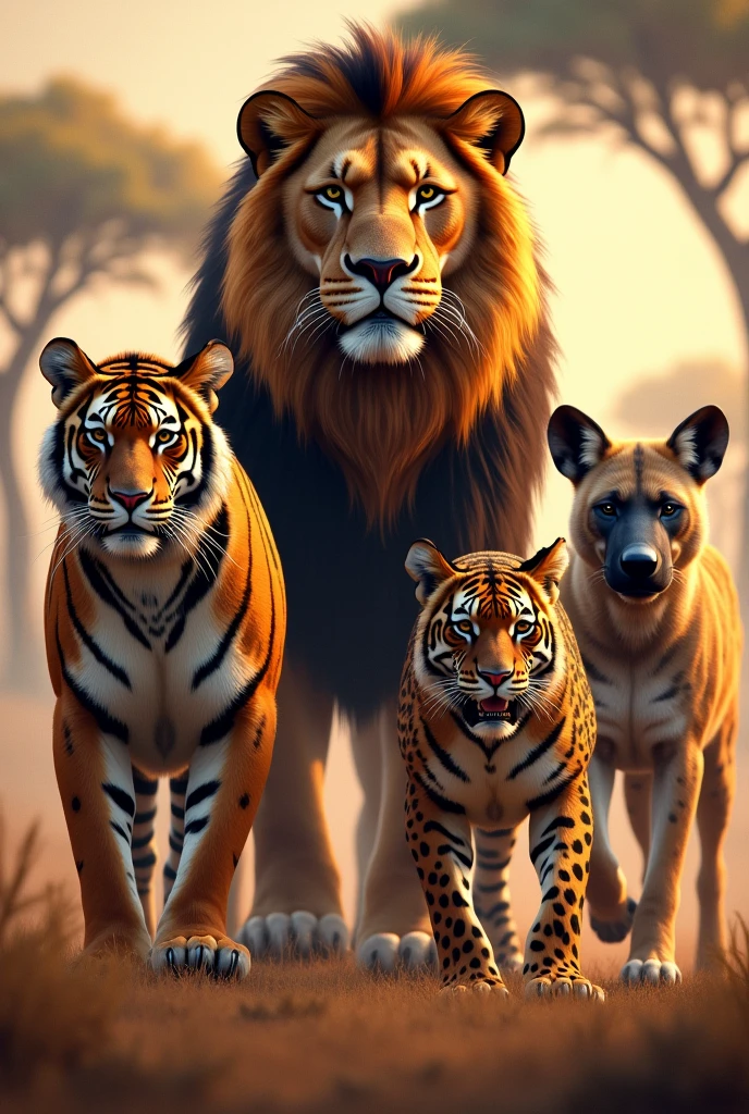 A lion , a bengal tiger , a leopard, a hyena