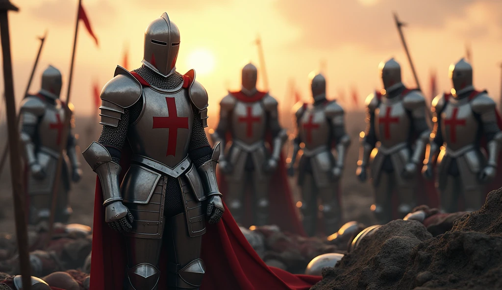 A highly realistic, high-contrast, 8K HD, detailed, hyper-detailed image of the knights from the provided image, standing proudly amidst a battlefield. The knights, wearing steel armor with red crosses on their tunics, rise with unwavering pride, surrounded by the fallen bodies of their comrades. The battlefield is littered with the dead, and the atmosphere is somber yet filled with a sense of honor and resilience. The knights' armor glints in the fading light, and their expressions reflect a deep determination and respect for those who have fallen. The image is of the highest quality, with ultra-high resolution, RAW photo quality, and Unreal Engine rendering, capturing the solemn and noble stance of the knights as they stand tall amidst the aftermath of battle.