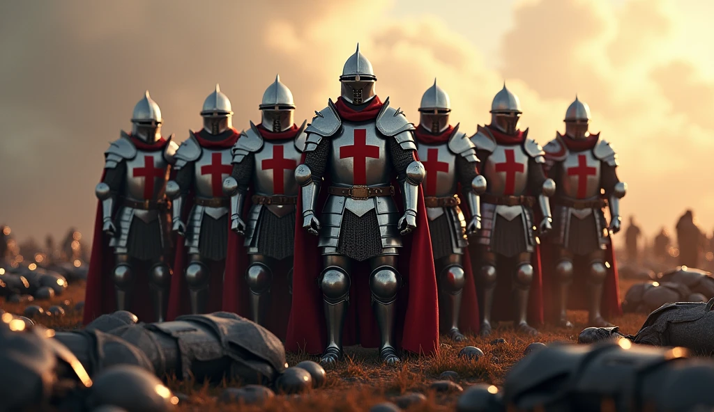 A highly realistic, high-contrast, 8K HD, detailed, hyper-detailed image of the knights from the provided image, standing proudly amidst a battlefield. The knights, wearing steel armor with red crosses on their tunics, rise with unwavering pride, surrounded by the fallen bodies of their comrades. The battlefield is littered with the dead, and the atmosphere is somber yet filled with a sense of honor and resilience. The knights' armor glints in the fading light, and their expressions reflect a deep determination and respect for those who have fallen. The image is of the highest quality, with ultra-high resolution, RAW photo quality, and Unreal Engine rendering, capturing the solemn and noble stance of the knights as they stand tall amidst the aftermath of battle.