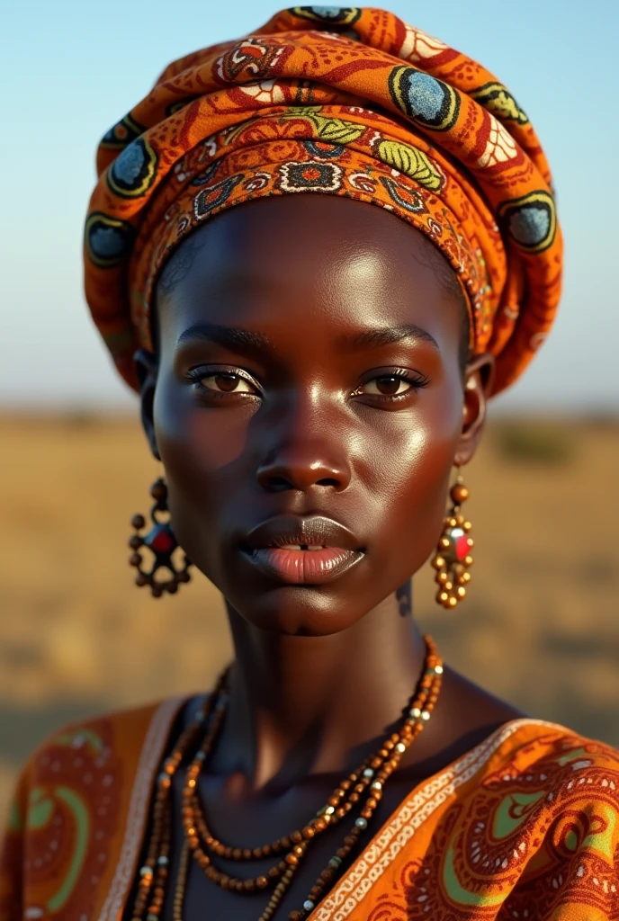 Femme africaine senegalaise ((Best quality)), ((Masterpiece)), (Ultra-detailed), High quality, Dressed in African outfit and not sexy with a headscarf African fashion ,intricate high detail, natural lighting, Outdoors in the African savannah, couleurs chaudes, (Bokeh), (mise au point nette sur les yeux), (high detail face, texture de la peau),
