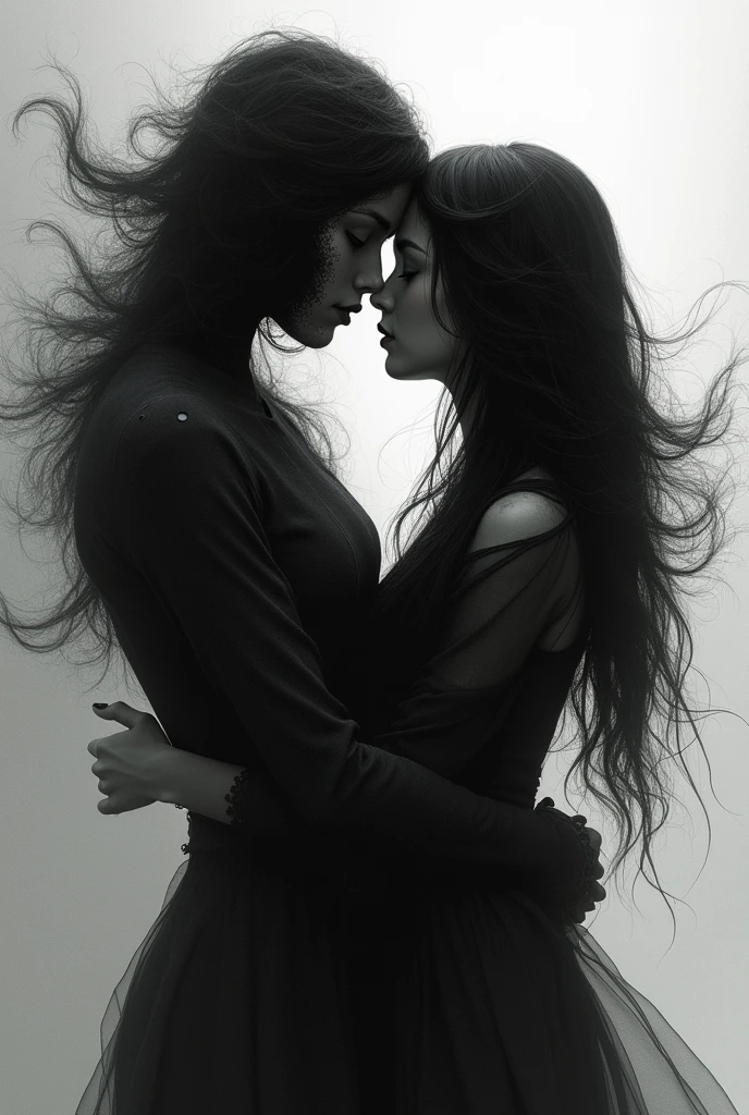Create a black spirit hugging a girl with long black hair (black and white)