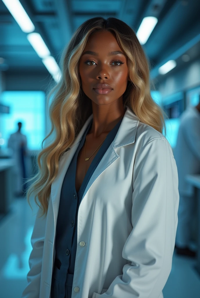 hyper realistic portrait of skai Jackson, dark skinned black girl, 19 years old, with long blonde hair and brown eyes. She should have a natural, approachable expression and be lit by soft, blue light, canon eos r5, raw format, wearing detailed lab coat, skilled in robotics, background is a detailed large modern mansion with scientific laboratory, full body, center