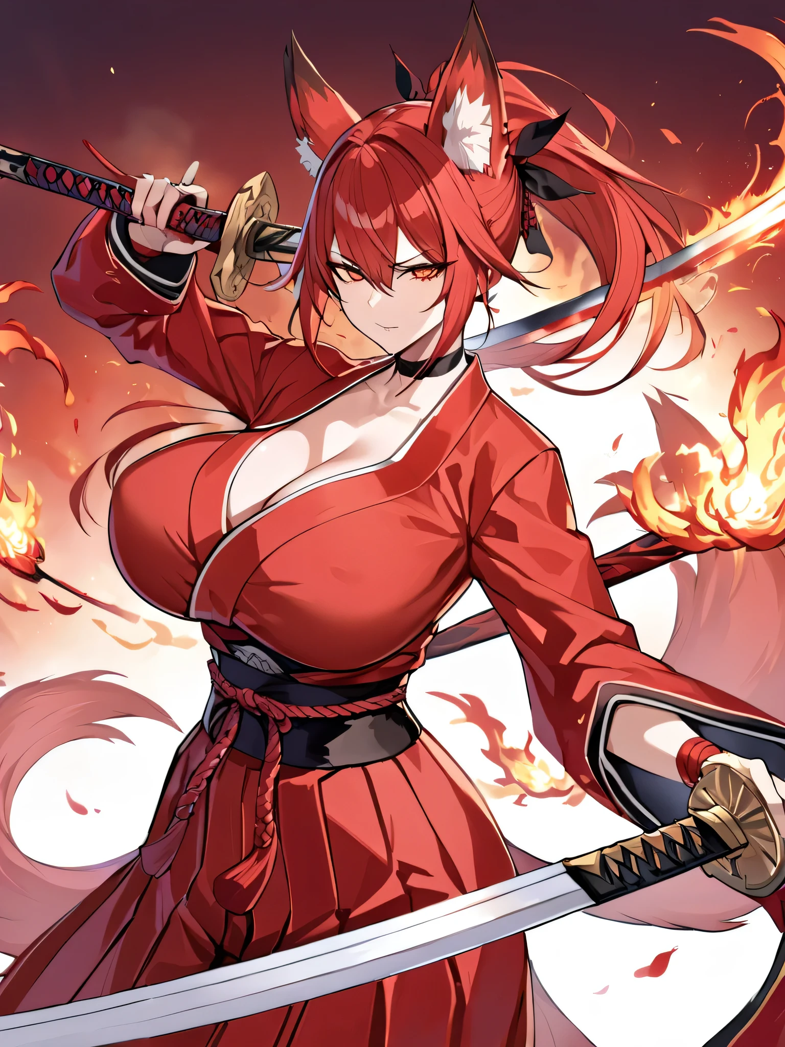 8K Best quality Best work Red long ponytail Red fox ears Nine fox tails Very large breasts Flaming Japanese sword Red jacket Long hakama Red eyeshadow on lower eyelids Red burning background Japanese style Samurai Flame hell Five fingers In battle