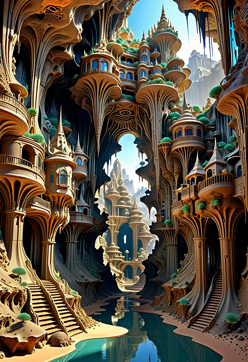 there are many inverted cavities (different rooms, united by mandelbulb projections that form passages) in the middle of an underground canyon that forms a mandelbulb mud village at different heights with many balconies and stalactites and stalactites, fantasy architecture, Highly detailed 4K digital art, beautiful detailed fantasy, stunning fantasy landscape, detailed fantasy digital art, arstation and high beep, fantasy style 8k octane rendering, stuning fantasy 3d rendering, Detailed fantasy in 4K, fantasy 3d rendering, 3D rendering beep, deep and massive desert landscape, stalacmite cave labyrinth type very confusing geonosis bubbes