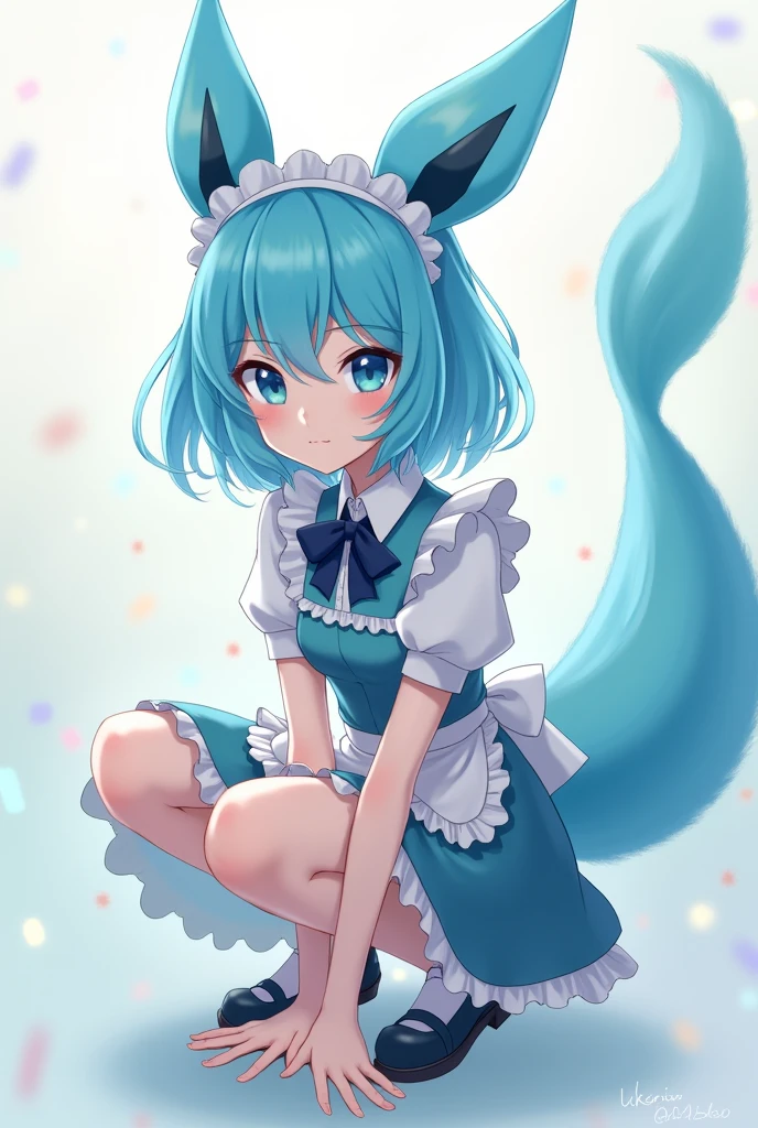 Make a vaporeon human version with anime maid outfit crouching