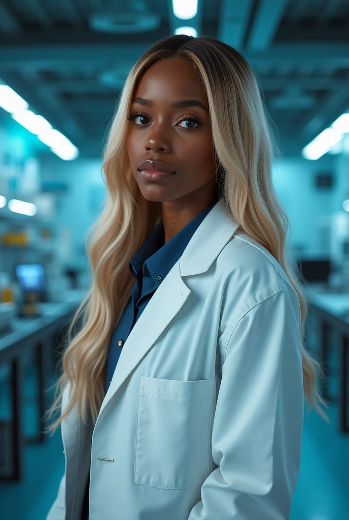 hyper realistic portrait of skai Jackson, dark skinned black girl, 19 years old, with long blonde hair and brown eyes. She should have a natural, approachable expression and be lit by soft, blue light, canon eos r5, raw format, wearing detailed lab coat, skilled in robotics, background is a detailed large modern mansion with scientific laboratory, full body, center