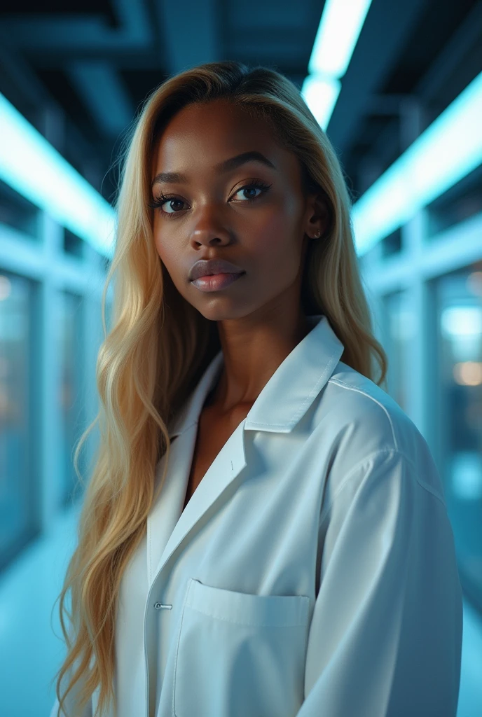 hyper realistic portrait of skai Jackson, dark skinned black girl, 19 years old, with long blonde hair and brown eyes. She should have a natural, approachable expression and be lit by soft, blue light, canon eos r5, raw format, wearing detailed lab coat, skilled in robotics, background is a detailed large modern mansion with scientific laboratory, full body, center