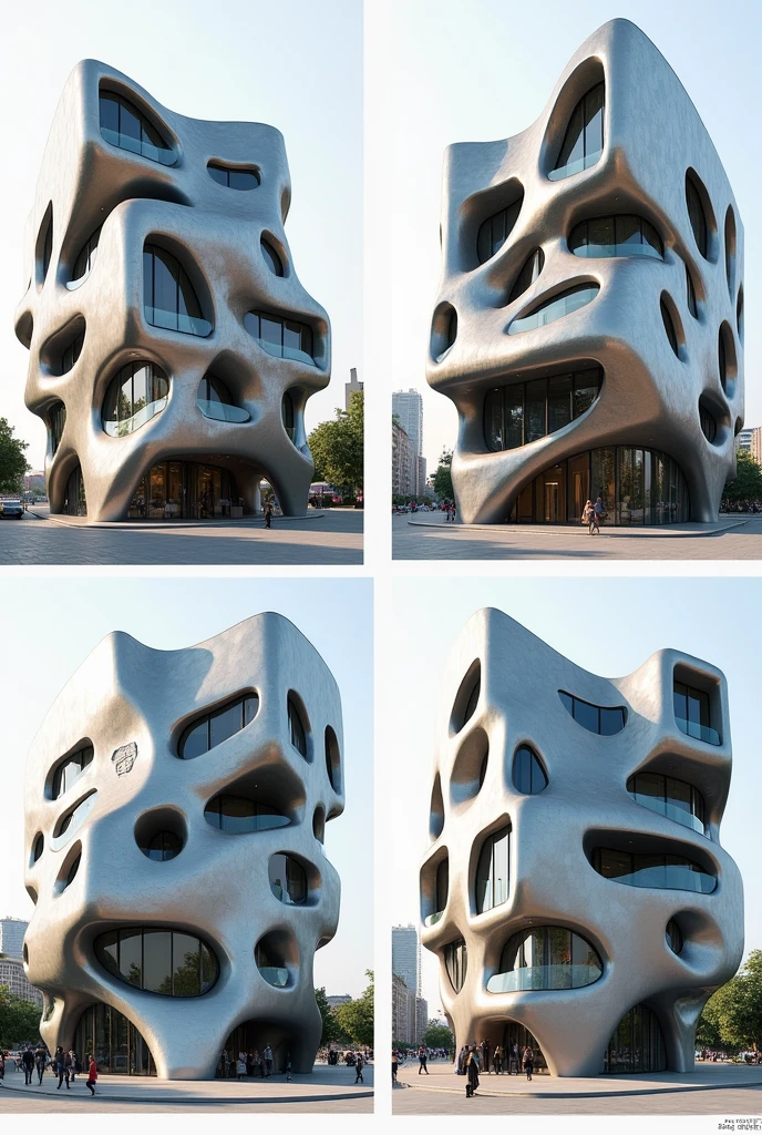 Create 4 architectural facades based on the characteristics of architect Frank Gehry

Two-level building