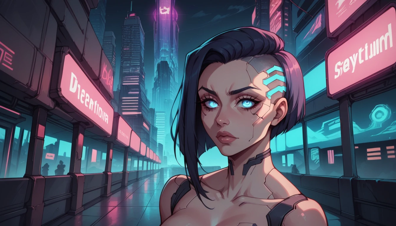  lucy from cyberpunk, full nude body in a visually stunning way, beautiful detailed eyes, beautiful detailed lips, extremely detailed face and skin, long eyelashes, dark hair, neon cyberpunk city background, intricate cybernetic implants, glowing neon lights, futuristic cityscape, dark moody lighting, blue and purple color tones, cinematic composition