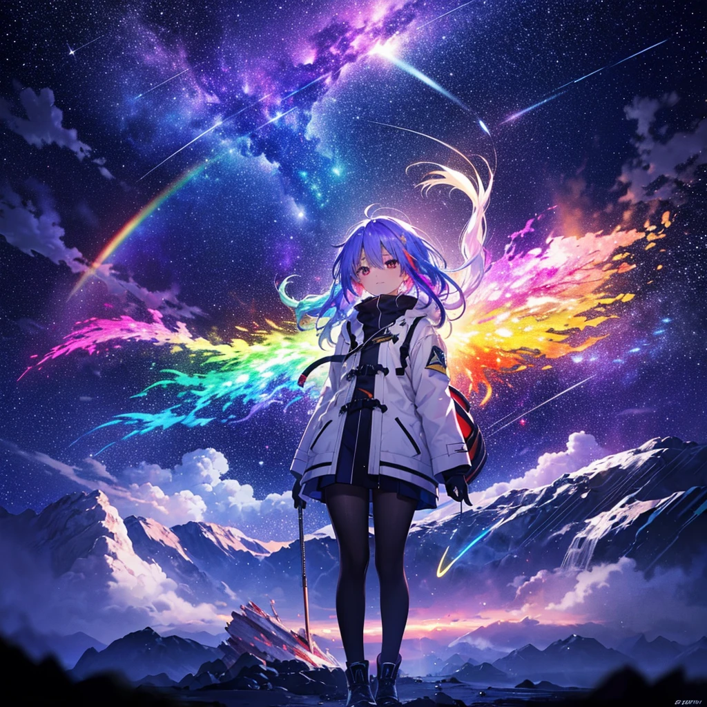 ((Fantasy Rainbow Hair 髪の内側をRainbow colorsに染める Long Hair Dull red eyes,Center close-up Has a galaxy uniform Put on a coat without putting your arms through it,View from the front Lonely despair)) ((tears gloves)) (Broken glass Distorted space-time, exploding,Approaching here,Sonic Boom,Rainbow colors star) Catch the wind Shining Background Particles of light, Rainbow colorsの縁