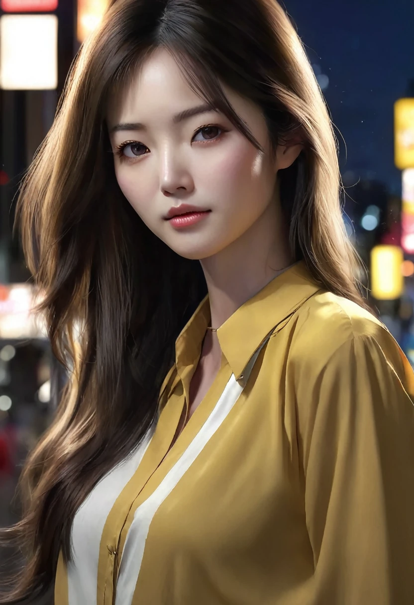1 woman, , is Japanese, is inside a city at night, wears a modest dark yellow blouse, feminine white gray eyes, clear and detailed skin, , very long straight dark brown hair, , dramatic lighting, cinematic composition, dark palette, dark colors, atmospheric haze, thin chin, serious face, serious face, beautiful woman, very beautiful, adult woman, ultra realistic, adult woman, gentle face (best quality, 4K, 8K, high resolution, art: 1.2), ultra detailed (realistic, photorealistic, photorealistic: 1.37)
