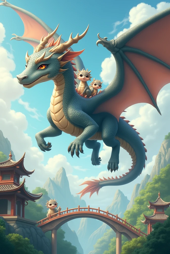 A gray dragon,huge,fly,with a few small dragons on its back,cute style,Chinese style in the background