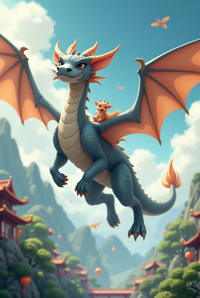 A gray dragon,huge,fly,with a few small dragons on its back,cute style,Chinese style in the background