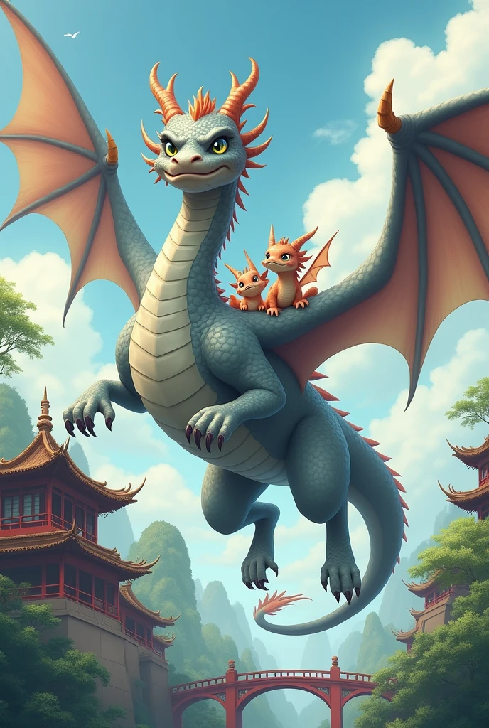 A gray dragon,huge,fly,with a few small dragons on its back,cute style,Chinese style in the background