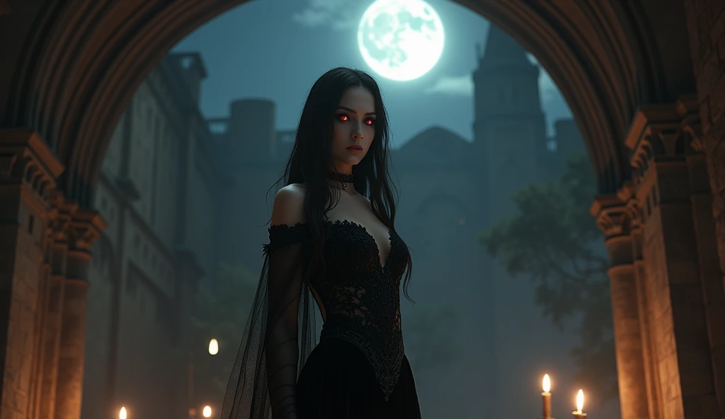 A seductive vampire with piercing red eyes and long, dark hair, standing under the pale moonlight in an ancient gothic courtyard. She wears a form-fitting, black velvet gown with intricate lace detailing, and her sharp fangs glisten as she whispers into the night. The background is filled with dark, shadowy arches and flickering candlelight, creating a mysterious and alluring atmosphere.