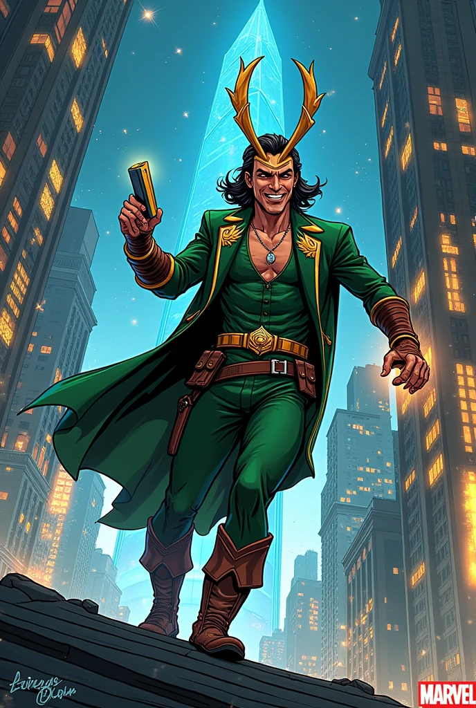Storyboard brilliant colors new modern style comics books, Storyboard of luki Disguised as a low-level Asgardian technician, Loki slipped through the formidable defenses of Avengers Tower. His mission was as audacious as it was dangerous: steal a specific file from Iron Man's personal archives. A file that held the key to a potential Asgardian crisis.
