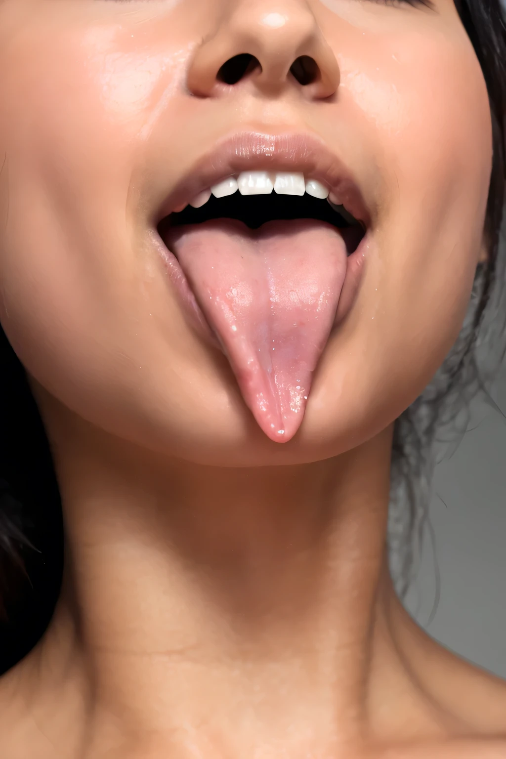 Taylor Hill、High resolution realistic photos,8k,Realistic skin texture,to be born々New People々々々々々,1 person,Tabletop,,Awards - Winning Photos, Very detailed, close your eyes, Nose and mouth,Face Focus, Extreme close up of face、Woman with open mouth and close your eyes, Black camisole、20-year-old,Black-haired、Symmetrical face,Realistic nostrils、Angle from below、Elongated C-shaped nostrils,((Gray background))、Sweaty skin、Lighting that highlights glowing skin caused by sweat、((Sharp Nose))Skin shiny with sweat、Glowing Skin、Sweaty hair、sunlight、(Brow wrinkles)((Frowning))(cum on tongue)、Deep Kiss、((Thin eyebrows))((Oily skin、Glowing Skin))、double eyelid、Wet and shiny tongue、Tied Hair、updo、Lift your head(((Long Tongue, Saliva trace)))((Super wet skin))((Visible profile of the nasal septum,nasal septum,profile))